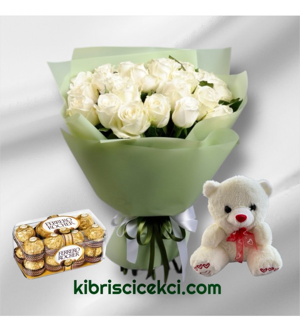 25 Beyaz Gül Buketi Ayıcık 16'lı Ferrero Çikolata
